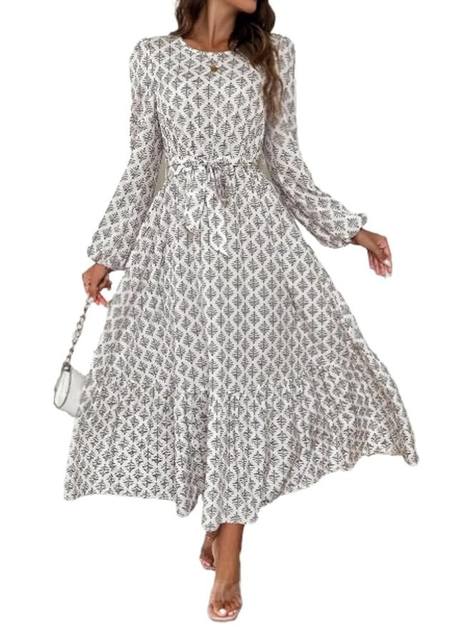 LUOLINGONGJUE® Women's Printed Lantern Sleeve Ruffled Long Dress – Lightweight & Comfortable