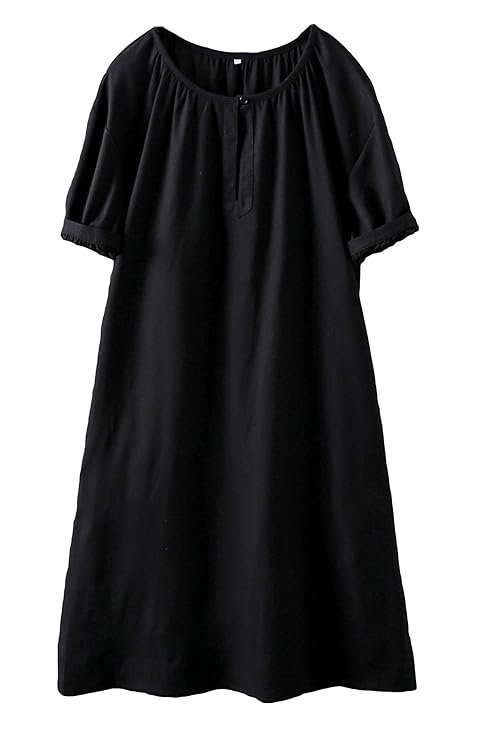 Minibee Women's Cotton Linen Dress Short Sleeve Midi Casual Tunic Dress with Pockets Black 2XL